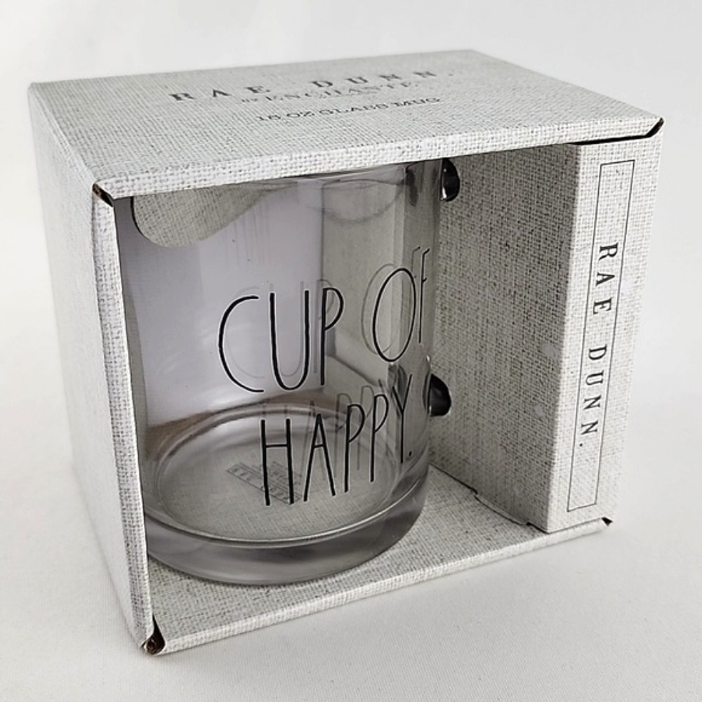 NWT Rae Dunn Black Large Letters CUP OF HAPPY Clear Glass Mug 18oz